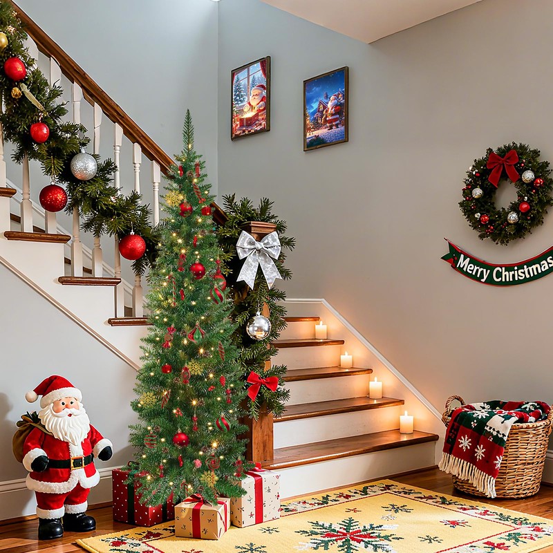 5FT Pre-Lit Pencil Christmas Tree with 300 LED Lights, Artificial