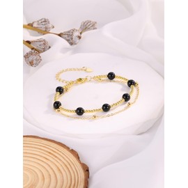 Jovivi Black Obsidian Gold Beaded Bracelet For Women,Women's Natural Stone Healing Crystal Adjustable Layered Bracelet Jewellery for Womens gifts for birthday