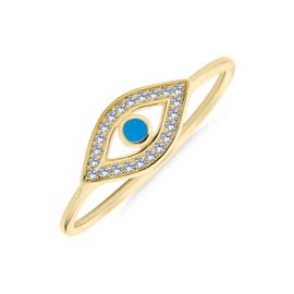 Dainty Delicate Cubic Zirconia Thin Band Blue CZ Evil Eye Stacking 14K Gold Plated 925 Sterling Silver Ring
