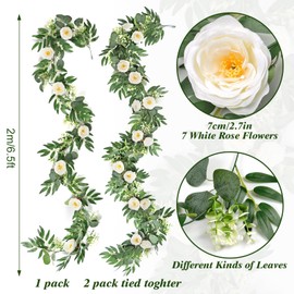 MEIVINES Artificial White Garland 4PCS 6.5FT Artificial Eucalyptus Flower Garland With White Roses Flower Garland Decoration Silk Floral Garland For Wedding Table Home Arch Decoration
