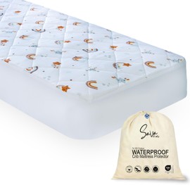 Sava Kids Natural Cotton Crib Mattress Protector and Sheet, All in One, 100% Waterproof bedsheet, Breathable, Hypoallergenic, Potty Training, Ultra Soft, Noiseless Pad for Toddlers & Babies (White)