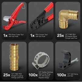 Plumbing Kit - Crimper Tool with Lock Hook, Cutter Tool with Carrying Case, Brass Barbed 1/2" Elbow & 1/2" Straight Coupling Fittings, Cinch Clamp & Half Clamp with Nail