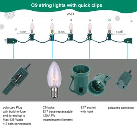 NIOSTA C9 Christmas String Lights, 25FT Hanging C9 String Lights for Christmas Tree Indoor Room Outdoor Roofline Patio Party Xmas Home Decoration, 25+2 Incandescent Bulbs and Clear Glass Material