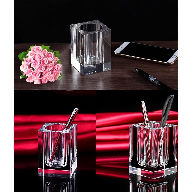 Coideal Glass Crystal Pen Pencil Cup Holder Square Clear Small