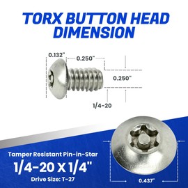 Fastenere Torx Security Machine Screws - 1/4-20 x 1/4" (10-Pack) Stainless Steel, Tamper-Resistant, Button Head Screws, Bolt Screw for Higher Level of Safety & Theft Prevention