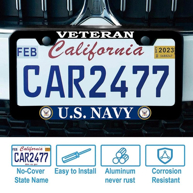 2 Pcs License Plate Frame for US Navy Veteran Black