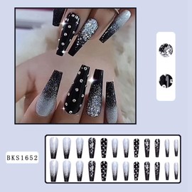 Snblzhef Black Gradient Applique Diamond False Nails Long Coffin Nail Tips Glitter Diamond Nails Nail Art