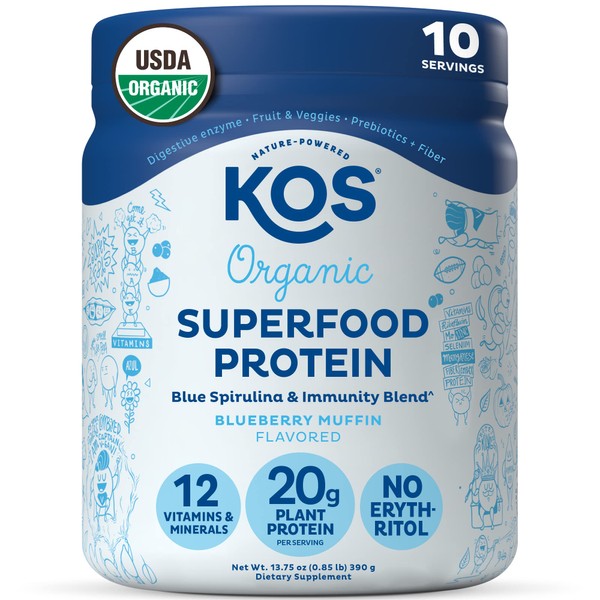 KOS Plant Based Protein Powder, Blueberry Muffin - Organic Pea Protein Superfood with Spirulina and Immune Support Blend. Soy, Gluten, Dairy Free - Vegan Meal Replacement for Women & Men - 10 Servings