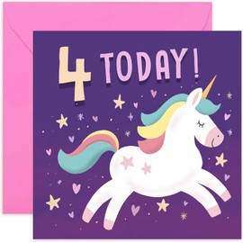 Old English Co. Happy 4th Birthday Card for Young Girl - Purple Unicorn Stars Hearts Fourth Birthday Card - Age Four Card - For Daughter, Granddaughter, Niece, Sister, Goddaughter