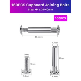 160PCS M4 Cupboard Joining Bolts, ANVINKU 31-40mm Cabinet Connectors (80PCS Binding Screws & 80PCS Connecting Sleeves), Nickel-Plated Steel Furniture Connector Bolts, Cabinet Screws for Furniture