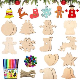 Pack of 90 Christmas Wooden Pendants, Wooden Christmas Decoration, Ornaments for Christmas Tree, Christmas Decoration Pendant with Coloured Pen, Lanyard and Bell for Christmas Tree, DIY Decoration