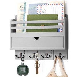 Rebee Vision Decorative Mail Organizer Wall Mounted with 7 Key Hooks - Stylish Key and Mail Holder for Wall with Drawer Organizer - Home Decor Aesthetic for Apartment Essentials (Gray)