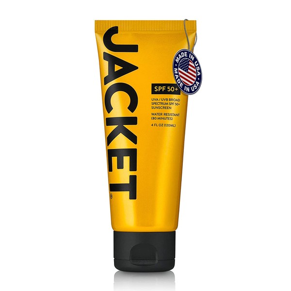 JACKET Sport Sunscreen SPF 50+, Water Resistant, Oil Free, Anti-Aging Cream, Vitamin and Antioxidant Enriched, Age Spot Remover, Oxybenzone Free, Sunscreen for Face and Body - 4 FL OZ