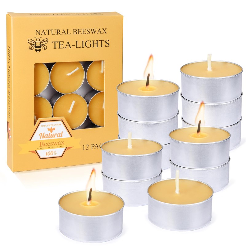 Natural Beeswax Tealight Candles in Metal Aluminum Cup - Organic
