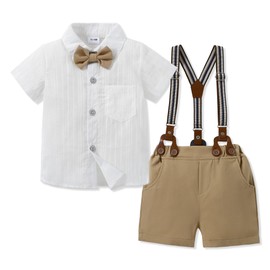 SOLOYEE Toddler Baby Boy Outfits 12-18 Months Boys Clothes Cotton Linen White Short Sleeve Shirts+Bowtie+Khaki Suspender Shorts Gentleman Formal Suits