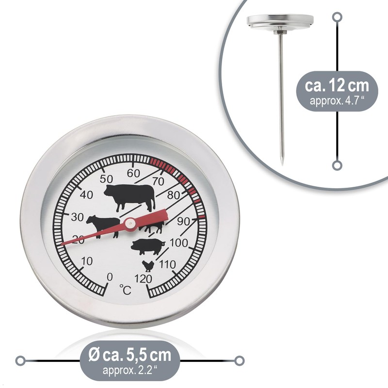 com-four® 3 x Stainless Steel Roasting Thermometers, Analogue Meat Thermometer