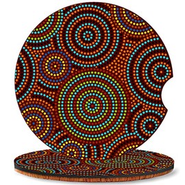 Set of 2, Car Coasters, Australian Aboriginal Colorful Geometric Pattern, Absorbent Cork Base Round Car Drinks Cup Holder Coaster