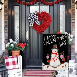 Happy Valentines Day Garden Flags for outside Decorations 12×18 Inch Burlap Vertical Double Sided, Snowman Love Heart Small Signs Seasonal Farmhouse Yard Flag DF419