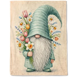 ainori Cute Gnome Floral Fleece Blanket,Colorful Flower and Gnomes Blankets,Soft and Warm Decorative Throws for Sofa,Bedroom,Lightweight Throw Gifts for Adults Men Women Teens 50”x60”