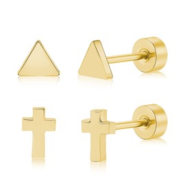FACOKO Flat Back Earrings, 2 Pairs Women Earring Studs for Sensitive Ears, 14K Gold Plated Titanium Crosses Earrings for Multiple Pierced Ears, Screw Back Triangle Earring Men