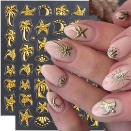 Golden Summer Nail Art Stickers Palm Tree Starfish 5D Embossed Nail Decals 2PCS Turtle Sun Moon Self-Adhesive Summer Nails Design Manicure Stickers Accessories for Women DIY Nail Art Decorations