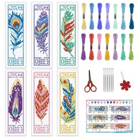 INFUNLY 6PCS Colorful Feather Cross Stitch Bookmark Kit for Adults 8.66"×3.15" Feather Pattern Boho Embroidery Bookmark Kit Ethnic Counted Cross Stitch Kit with Instruction for Book Lovers DIY