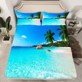 Erosebridal Ocean Theme King Sheet Set Summer Beach Bedding Set Hawaiian Vacation Style Fitted Sheet Boys Teens Kids Palm Trees Tropical Nature Sea Theme 4 Pces Super Soft Microfiber Bed Sheet Set