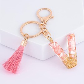 Rohans Pink and Gold Resin Alphabet Initial Letter Keychain, Bag Charm, Key Ring with Lobster Clasp (V)