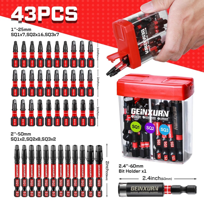Geinxurn Impact Square Screwdriver Bits Set,43 Pcs Magnetic (SQ1/SQ2/SQ3) S2