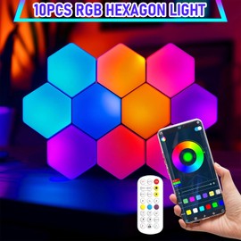 Ciascy 10Pcs RGB Hexagon Light Panels LED Wall Lights, Smart Modular Gaming Lights K