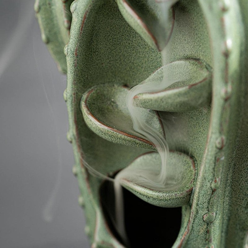 Cute Cactus Backflow Incense Burner, Green Ceramic Incense Holder Waterfall
