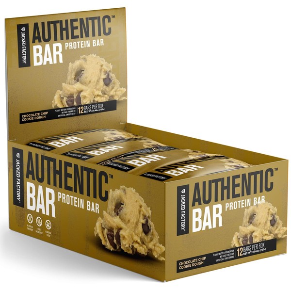 Authentic Bar Peanut Butter Chocolate Chip Cookie Dough Protein Bars - Tasty Meal Replacement Energy Bars w/ 15g Whey Protein Isolate, Natural Sugars from Pure Honey, Healthy Fat Peanut Butter Foundation - 12 Pack