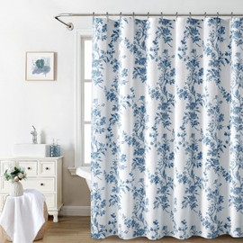 Awellife Light Blue Shower Curtain,Cotton Floral Cottagecore Shower Curtain for Bathroom 72" W x 72" L