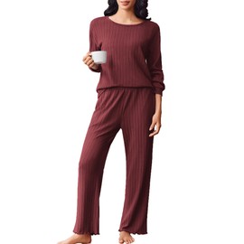 Ekouaer Pyjamas for Women Ribbed Pjs Cotton Long Sleeve Nightwear Casual Pants Ladies Lounge Wear Sets Pjs for Women Sets Red S
