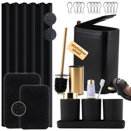 Black and Gold Bathroom Accessories Set 9 PCS, Bathroom Sets with Stainless Steel Trash Can,Toilet Brush and Plastic Toothbrush Set,Soap Dispenser and Shower Curtain, 2PCS Rugs for Bath Decor