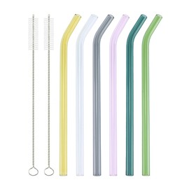 FBAJOJO-6 Color Glass Straws - 6 reusable curved 8 inch clear colored drinking straws, dishwasher safe, 2 plastic cleaning brushes, ideal for drinking juice drinks coffee smoothies cocktails.
