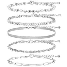 Poxtex Ankle Bracelets for Women, Adjustable Waterproof Anklets for Women Trendy, Dainty Anklets for Women Large Ankle, Sterling Silver Silver Brass, no gemstone