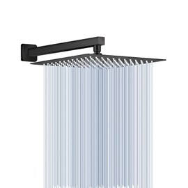 KINLIV All Metal Matte Black Rainfall Shower Head with Extension Arm, 12" Large Rain Square Showerhead with 16" Long Shower Arm Stainless Steel, 144 Silicone Nozzles Waterfall Full Body Coverage