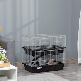 PawHut 2-Tier Guinea Pig Cage, Ferret Cage, Chinchilla Cage, Small Animal Cage Indoor with Dish and Bottle, 2 Doors, Deep Bottoms, Ramp, 28", Black