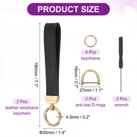 MECCANIXITY Leather Wristlet Keychain Car Key Chain Wristlet for Women, 7 Inch Key Fob Holder with D Ring and 2 Key Ring for Keys Wallets Purse, Gold Tone/Black Pack of 2