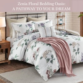 Madison Park Zennia Country Cottage King Comforter Set with Throw-Blanket, Floral Print on Seersucker Textures, All Season Bedding, Shams, Decor Pillows, King/Cal King(104"x92"), Taupe/Blush 7 Piece