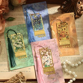 Snycler Oil Painting Hollow Metal Bookmarks with The Fringe, Pack of 4PCS, Reading Bookmarks Book Clips Book Clasps Exquisite and Beautiful Suitable as Gifts(Painting-4