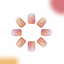 BABALAL Acrylic Press on Nails Short Square Fake Nails, Orange Pink Glue-on Floral Acrylic Nails Summer Bling False Nails 24Pcs Squoval Manicure Stick on Nails Coquette Nails for Women and Girls