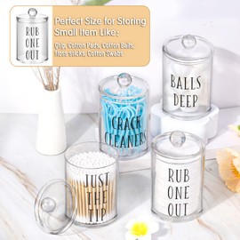 4 Pack Fun Qtip Holder Apothecary Jars with Lids,10 oz Clear Bathroom Organizer Storage for Cotton Swab, Cotton Ball, Floss and Cotton Round Pads, Cotton Ball Holder Bathroom Decor Bathroom Containers