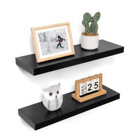 Acovy 24 Inch Floating Shelves, 8 Inch Deep Floating Shelves for Wall, Hanging Shelf with Invisible Brackets, Deep Shelves for Bathroom, Bedroom, Living Room, Black, Set of 2
