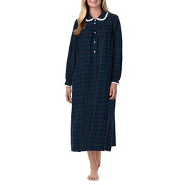 Lanz of Salzburg Sleepwear for Women Classic Round Collar Long Sleeve Soft Flannel Pajama Nightgown - Blue Green Plaid, Medium