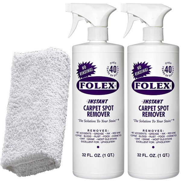 2 Bottles of FOLEX Instant Carpet Spot Remover + 1 Daley Mint Cleaning Cloth | Instant Rug, Upholstery, and Spot Carpet Stain Remover Kit, 32oz