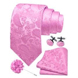 GUSLESON Mens Pink Tie Paisley Wedding Solid Silk Necktie Pocket Square Cufflinks and Lapel Pin Brooch Set (6105-15)