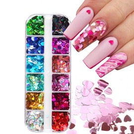 nalaina Nail Parts, Nail Glitter (12 Colors), Glitter Heart, Nail Heart, Sequins, Large Capacity Type, Nail Art, Decoration, Nail Art Supplies