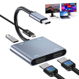 Denlane USB C to Dual HDMI Adapter 4K@60Hz, Type C Hdmi Splitter for Dual Monitors with USB 3.0, 100W Fast Charging, USB Hub with 2-HDMI Extended Display for MacBook, USB-C Laptop for Dell for Lenovo